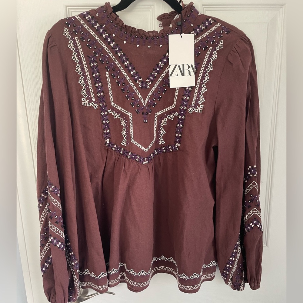 NWT Zara embroidered boho western ruffle neck balloon long sleeve brown top Larg